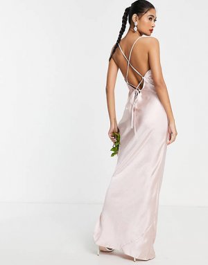 Платье макси на бретельках ASOS DESIGN Bridesmaid из блестящего атласа с румяной шнуровкой спине