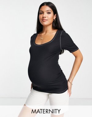 Черная футболка премиум-класса с контрастным вырезом и овальным Maternity Topshop