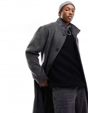 Серое объемное шерстяное пальто с воротником-воронкой ASOS. Цвет: серый