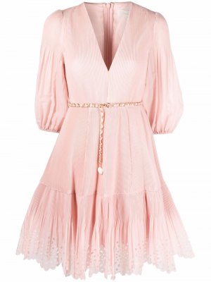 Плиссированное платье с V-образным вырезом ZIMMERMANN. Цвет: розовый