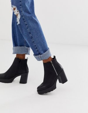 Черные ботинки челси на каблуке и массивной подошве с молнией -Черный New Look