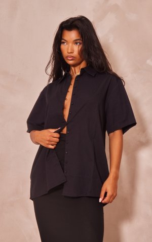 Черная льняная рубашка большого размера с пуговицами и короткими рукавами карманами PrettyLittleThing