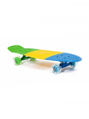 Скейт пластиковый трехцветный 27X8 с колесами Monster Moove&Fun. Цвет: светло-зеленый, голубой, желтый