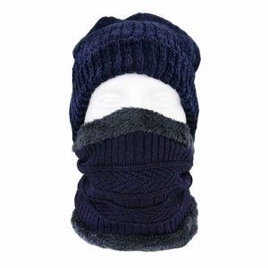 Комплект бини зимний на меху шапка + шарф цвет синий, размер OneSize, синий Kamukamu. Цвет: синий