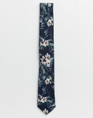Темно-синий сатиновый галстук с цветочным принтом wedding Religion