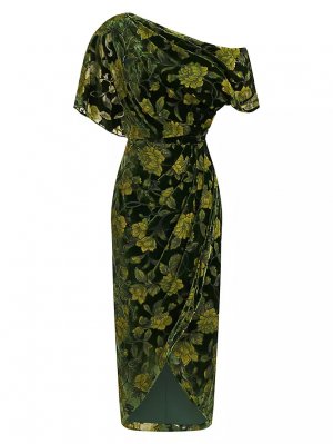 Бархатное коктейльное платье Maia на одно плечо с цветочным принтом ia, цвет olivine THEIA