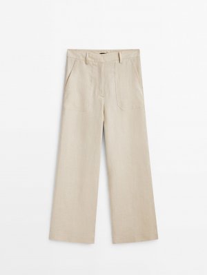 Укороченные брюки из 100% льна с карманами , песочный Massimo Dutti