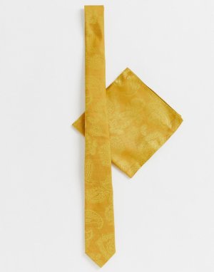 Узкий галстук и платок для пиджака горчичного цвета с жаккардовым узором пейсли -Желтый ASOS DESIGN