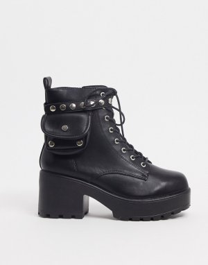 Черные ботинки из искусственной кожи на шнуровке с карманом -Черный Koi Footwear