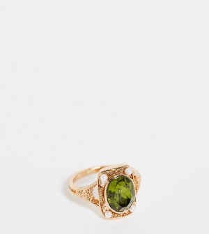 Золотистое кольцо с зеленым камнем и отделкой под антиквариат Inspired-Золотистый Reclaimed Vintage