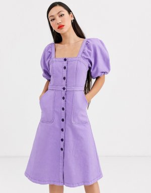 Джинсовое платье миди с пышными рукавами -Фиолетовый Rachel Antonoff