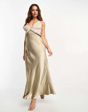 ASOS блестящее атласное платье средней длины на бретельках с оборкой и льняной деталью груди камнями
