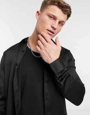 Черная атласная рубашка с длинными рукавами -Черный цвет New Look