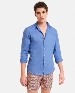 Классическая однотонная мужская льняная рубашка синего цвета , индиго PENINSULA