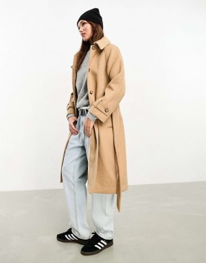 Шерстяное пальто светло-коричневого цвета с воротником-воронкой Abercrombie & Fitch. Цвет: коричневый