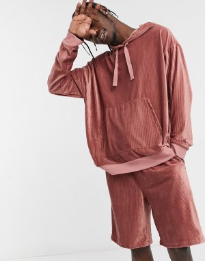 Велюровый пижамный комплект для дома с худи и шортами в рубчик -Розовый цвет ASOS DESIGN