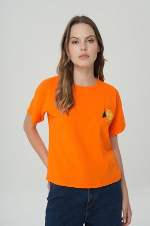 Оранжевая футболка с коротким рукавом и вышивкой Crew Neck 56102-010 CROSS JEANS