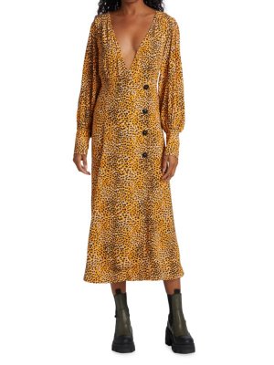 Платье миди с глубоким вырезом и леопардовым принтом Ganni, цвет Bright Marigold GANNI