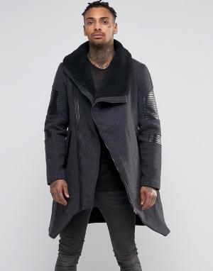 Асимметричное шерстяное пальто с воротником борг Black Kaviar. Цвет: серый