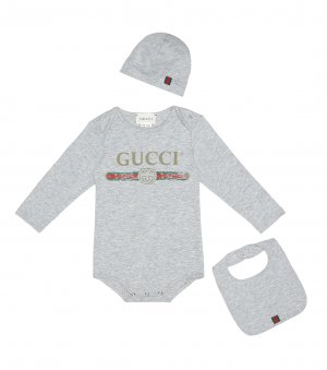 Комплект из хлопкового боди, нагрудника и шапочки , серый Gucci