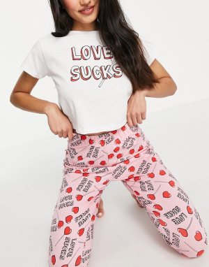 Бело-розовый длинный пижамный комплект с принтом Love Sucks Brave Soul