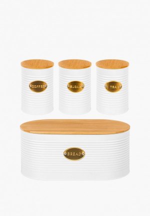 Набор контейнеров для хранения продуктов Elan Gallery 900 мл с бамбуковыми крышками и Хлебница 34х18х14 см бамбуковой крышкой. Цвет: белый