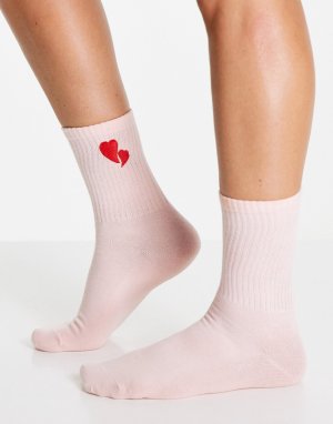 Розовые носки из органического хлопка с вышивкой сердечками -Розовый цвет Monki