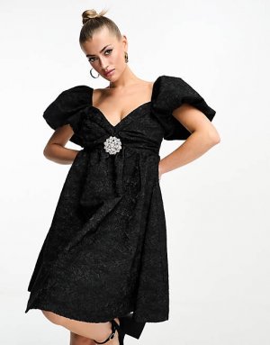 Черное жаккардовое мини-платье с украшенной брошью Forever Unique