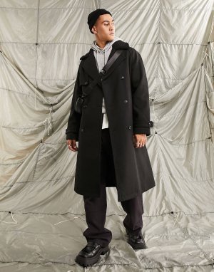 Черное объемное пальто из смесовой шерсти с воротником искусственного меха ASOS DESIGN