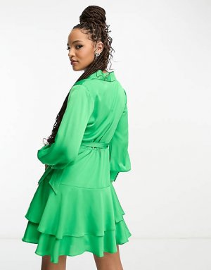 Зеленое платье мини с длинными рукавами и завязкой на талии Forever New