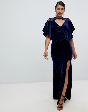 Бархатное платье макси с кейпом и кружевной отделкой -Темно-синий TFNC