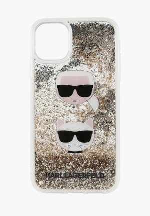 Чехол для iPhone Karl Lagerfeld 11 Liquid glitter and Choupette heads Hard Gold. Цвет: золотой