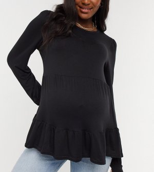 Черная двухъярусная футболка с длинными рукавами и баской -Черный цвет New Look Maternity