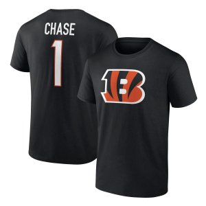 Мужская черная футболка с логотипом Ja'Marr Chase Cincinnati Bengals, значок игрока, имя и номер Fanatics