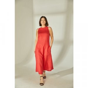 Платье , лен, повседневное, свободный силуэт, миди, карманы, размер 50, красный Olga Skazkina. Цвет: красный