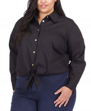 Хлопковая рубашка на пуговицах с завязками талии больших размеров , черный Michael Kors