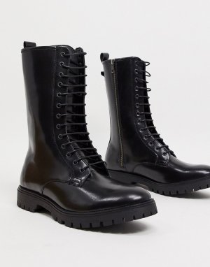 Высокие кожаные сапоги черного цвета на шнуровке -Черный цвет ASOS DESIGN