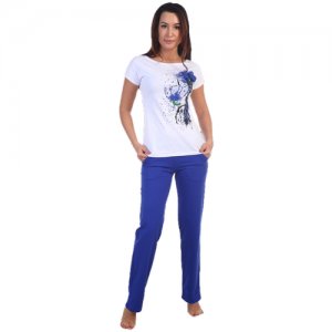 Костюм женский Очарование 42р-р повседневный домашняя одежда женская больших размеров футболка и брюки MillenaSharm. Цвет: синий/белый