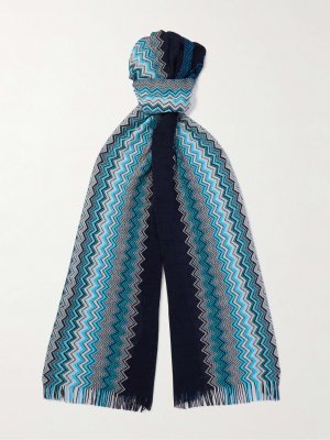 Вязаный крючком хлопковый шарф с бахромой MISSONI, синий Missoni