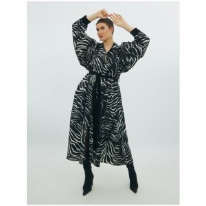 Платье-рубашка , длинное, с поясом, принт зебра, большие размеры (50-60) MAT fashion. Цвет: черный