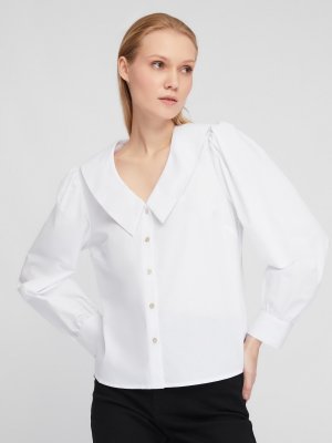 Блузка-рубашка с акцентным воротником и объёмными рукавами zolla. Цвет: белый