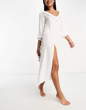 Белое пляжное летнее платье с длинными рукавами и оборками Isla & Bird Iisla
