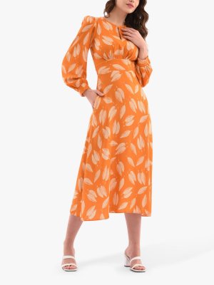 Платье миди с принтом листьев , Оранжевый Closet London