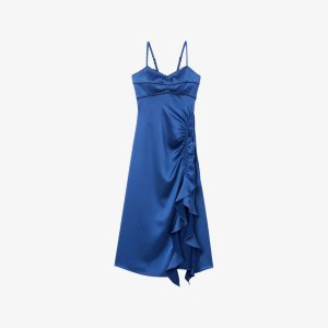 Атласное платье миди Sheila с оборками , цвет bleus Sandro