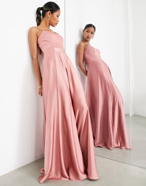 Темно-розовое атласное платье макси на бретелях с пышной юбкой ASOS EDITION