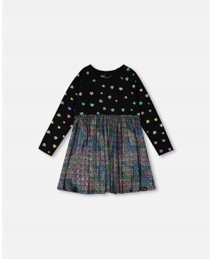 Платье из двух материалов с длинными рукавами для девочек, ткань черного цвета эффектом металлик и разноцветным принтом фольги в виде сердечек — малышей | детей Deux par