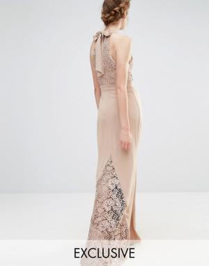 Свадебное кружевное платье макси с высокой горловиной и бантом сзади J Jarlo. Цвет: коричневый