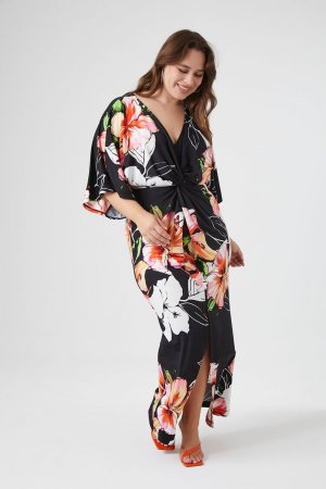 Платье-кимоно больших размеров с цветочным принтом , черный Forever 21