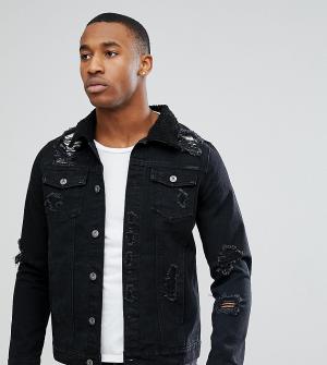 Черная джинсовая куртка с рваной отделкой и искусственным мехом Liquor N Poker. Цвет: черный