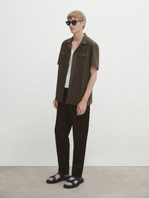 Рубашка из микро-саржи с коротким рукавом карманами , хаки Massimo Dutti